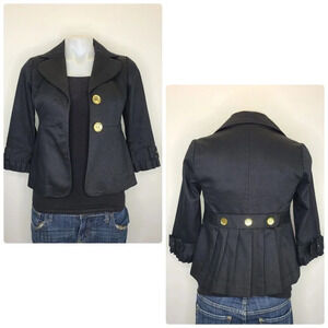 Ann Taylor Loft Black Textured Pleated Back Peplum Ruffle Blazer Jacket 00P Y2K